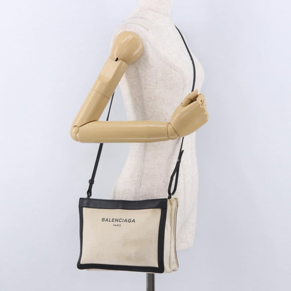 BALENCIAGA Navy Pochette Shoulder Bag Canvas Ivory Black 339937 Auth 192772