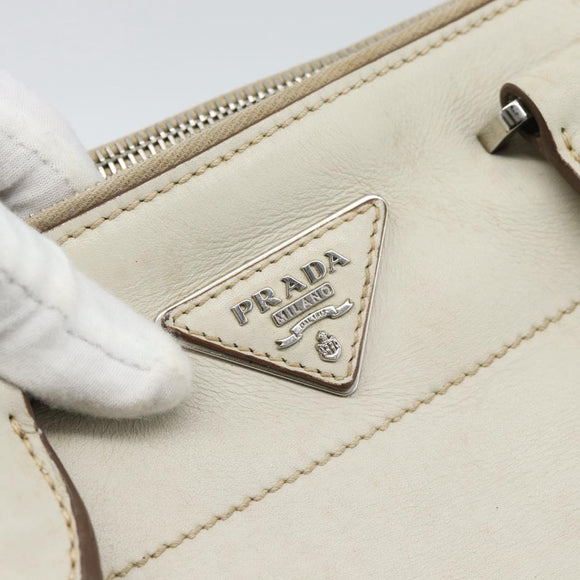 PRADA Hand Bag Leather Ivory Silver Auth 192790
