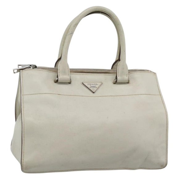 PRADA Hand Bag Leather Ivory Silver Auth 192790