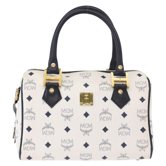 MCM Vicetos Boston Bag PVC Leather 2way White Gold Tone Auth 192878A