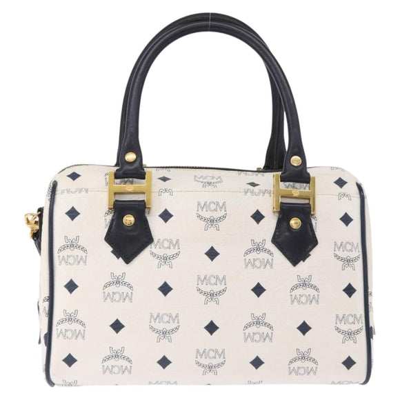 MCM Vicetos Boston Bag PVC Leather 2way White Gold Tone Auth 192878A