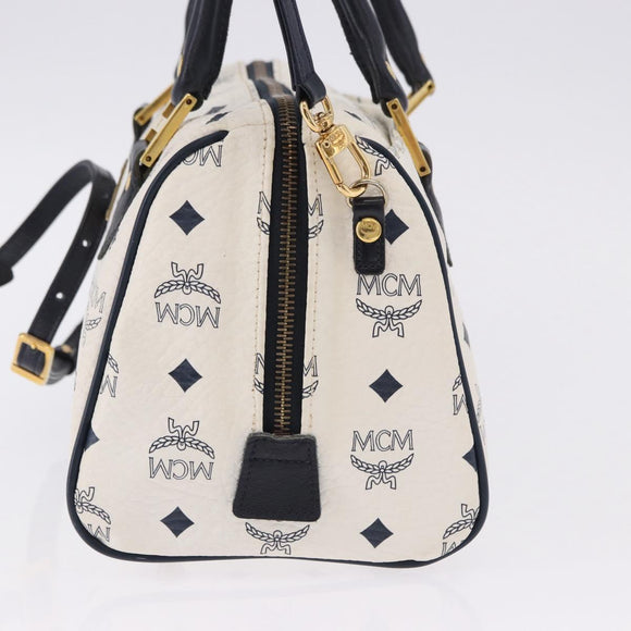 MCM Vicetos Boston Bag PVC Leather 2way White Gold Tone Auth 192878A