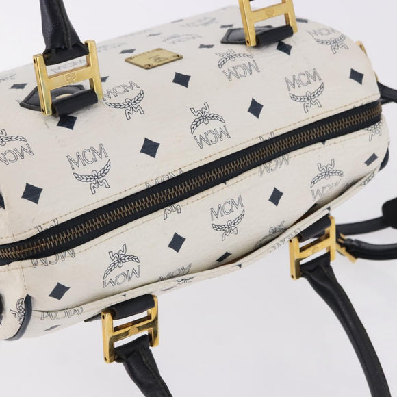 MCM Vicetos Boston Bag PVC Leather 2way White Gold Tone Auth 192878A