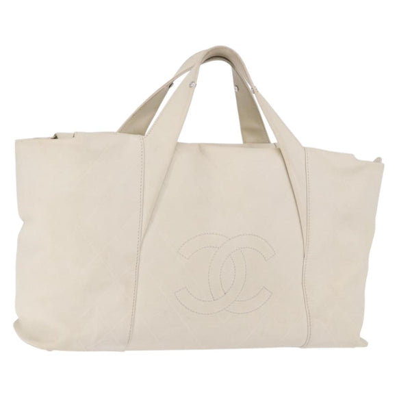 CHANEL Hand Bag Leather Ivory Silver CC Auth 192881