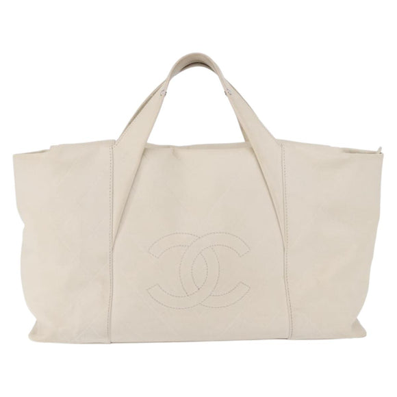 CHANEL Hand Bag Leather Ivory Silver CC Auth 192881