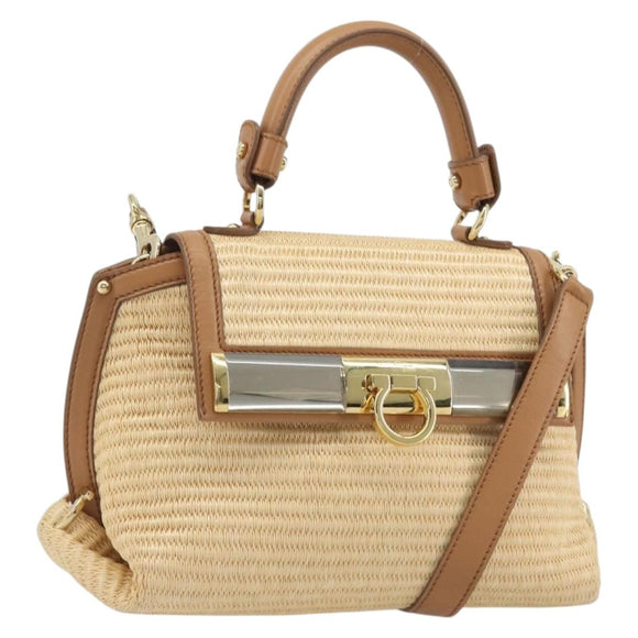 Salvatore Ferragamo Gancini Hand Bag Straw 2way Beige Gold Auth 192906V