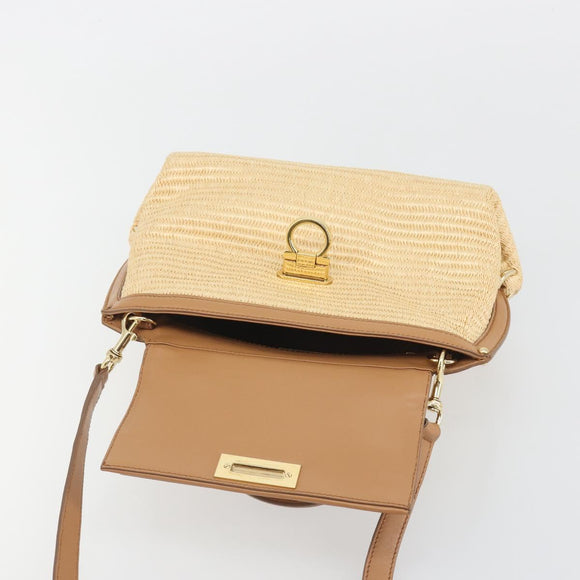 Salvatore Ferragamo Gancini Hand Bag Straw 2way Beige Gold Auth 192906V