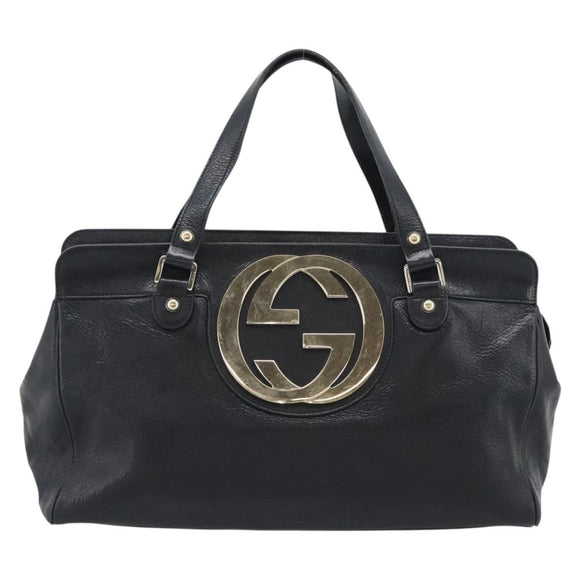 GUCCI Interlocking G Hand Bag Leather Black Gold Tone 131445 Auth 192909