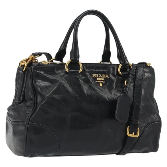 PRADA Hand Bag Leather 2way Black Gold Tone Auth 192927V