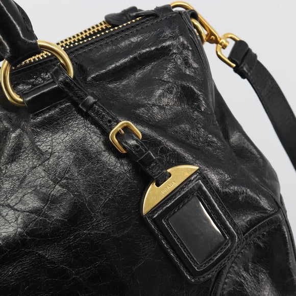 PRADA Hand Bag Leather 2way Black Gold Tone Auth 192927V