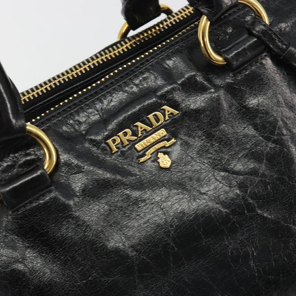 PRADA Hand Bag Leather 2way Black Gold Tone Auth 192927V