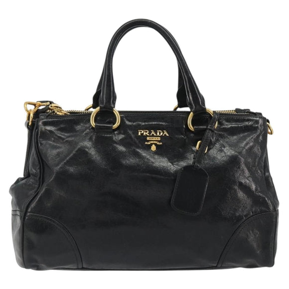 PRADA Hand Bag Leather 2way Black Gold Tone Auth 192927V
