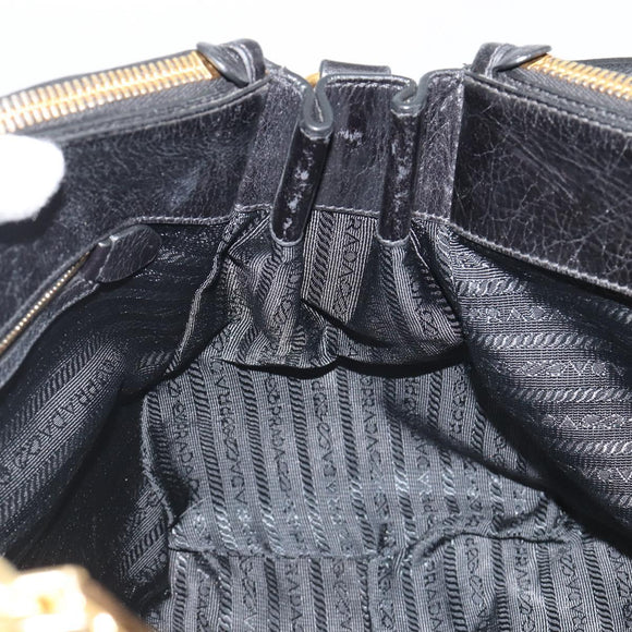 PRADA Hand Bag Leather 2way Black Gold Tone Auth 192927V