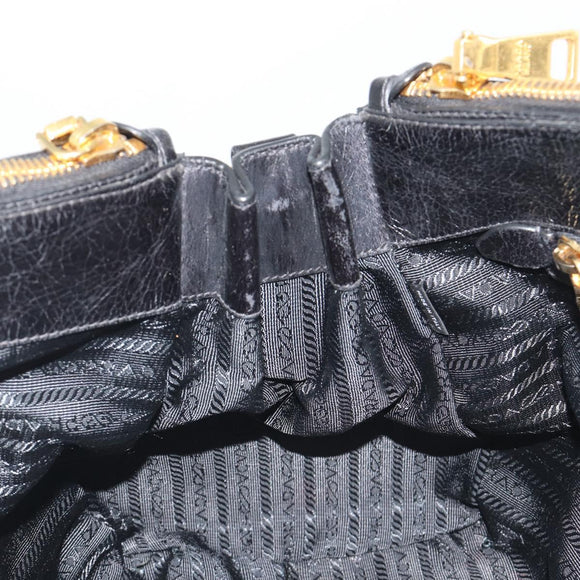 PRADA Hand Bag Leather 2way Black Gold Tone Auth 192927V