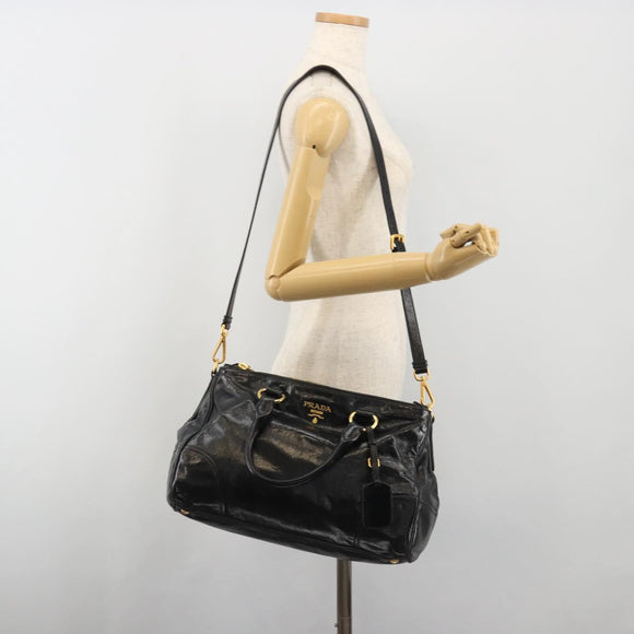 PRADA Hand Bag Leather 2way Black Gold Tone Auth 192927V