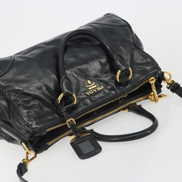 PRADA Hand Bag Leather 2way Black Gold Tone Auth 192927V