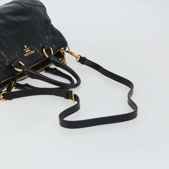 PRADA Hand Bag Leather 2way Black Gold Tone Auth 192927V