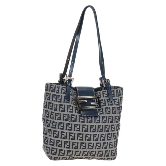 FENDI Zucchino Canvas Mamma Baguette Hand Bag Navy Silver Auth 192983V