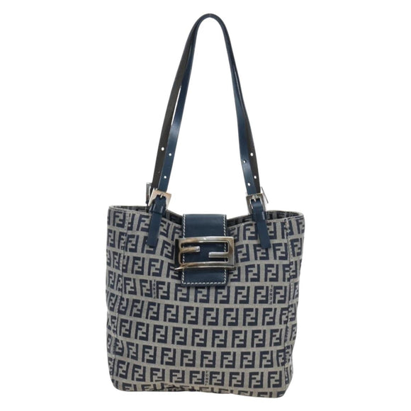 FENDI Zucchino Canvas Mamma Baguette Hand Bag Navy Silver Auth 192983V