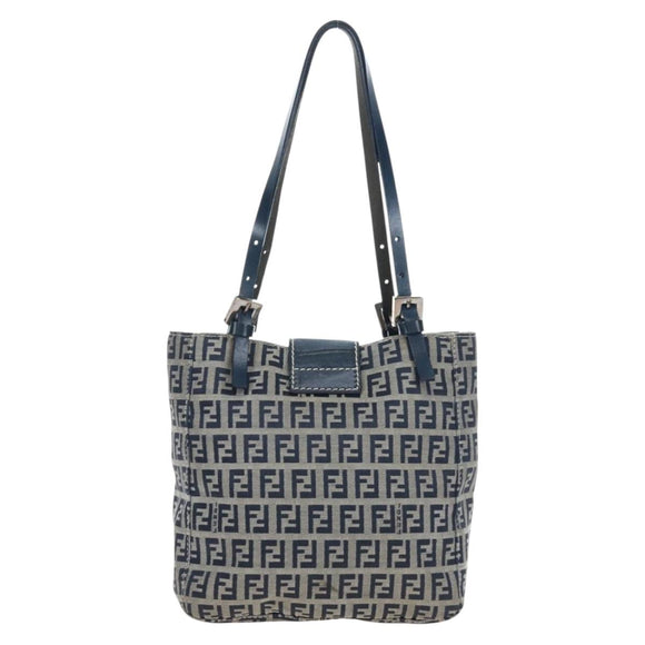 FENDI Zucchino Canvas Mamma Baguette Hand Bag Navy Silver Auth 192983V