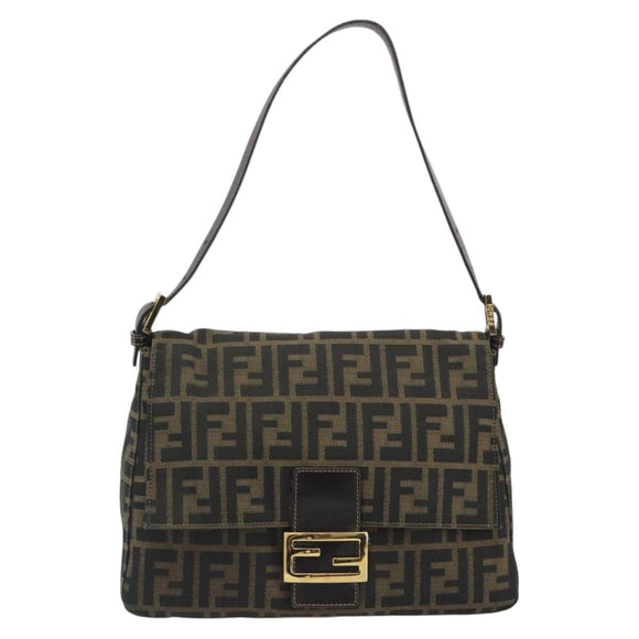 FENDI Zucca Canvas Mamma Baguette Shoulder Bag Brown Black Auth 193012V