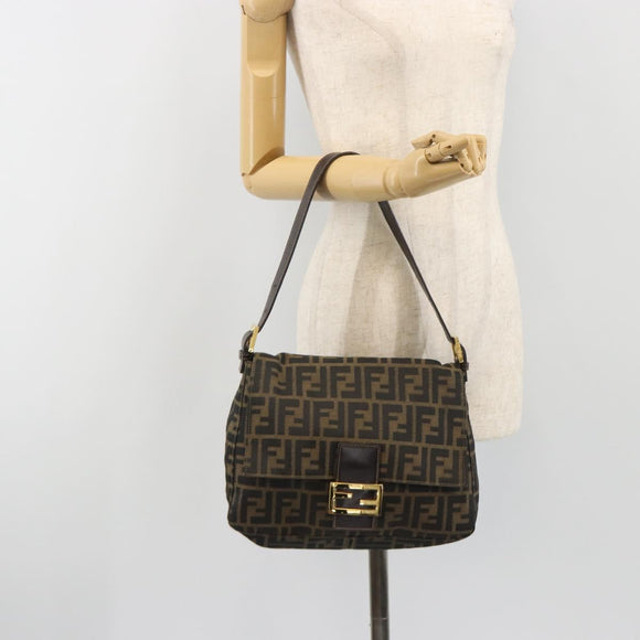 FENDI Zucca Canvas Mamma Baguette Shoulder Bag Brown Black Auth 193012V