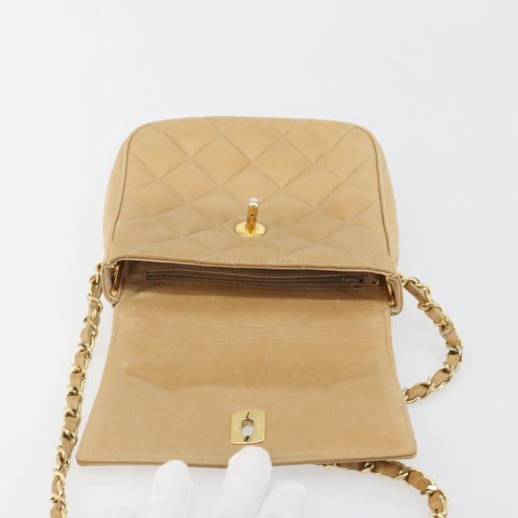 CHANEL Matelasse Chain Shoulder Bag Lamb Skin Beige Gold CC Auth 193017