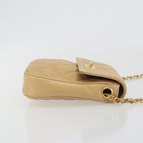 CHANEL Matelasse Chain Shoulder Bag Lamb Skin Beige Gold CC Auth 193017