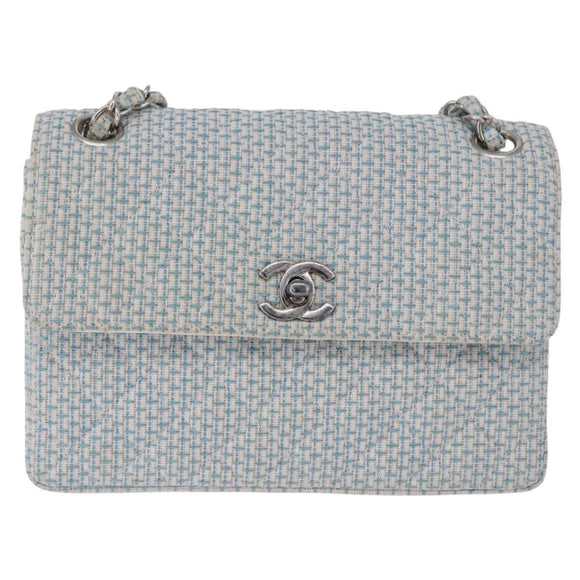 CHANEL Matelasse Chain Shoulder Bag Canvas Light Blue Silver CC Auth 193022SAM