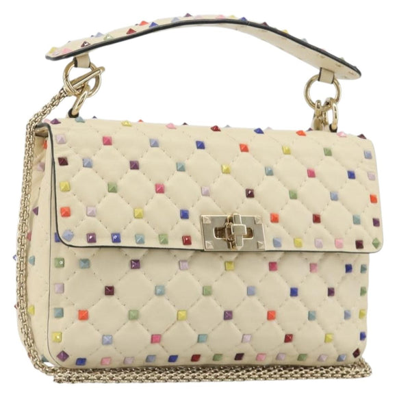 VALENTINO Rock Studs Chain Shoulder Bag Leather 2way Ivory Gold Auth 193023V