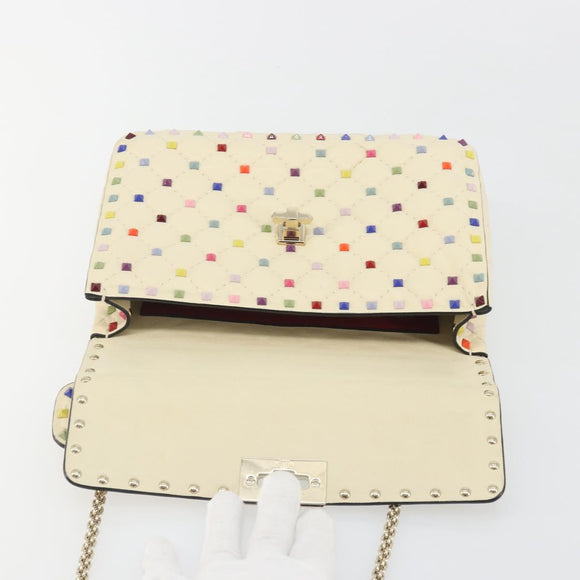 VALENTINO Rock Studs Chain Shoulder Bag Leather 2way Ivory Gold Auth 193023V