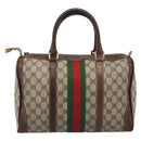 GUCCI GG Supreme Web Sherry Line Boston Bag PVC Beige Gold Auth 193047-13
