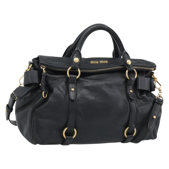 Miu Miu Ribbon Hand Bag Leather 2way Black Gold Auth 193057M