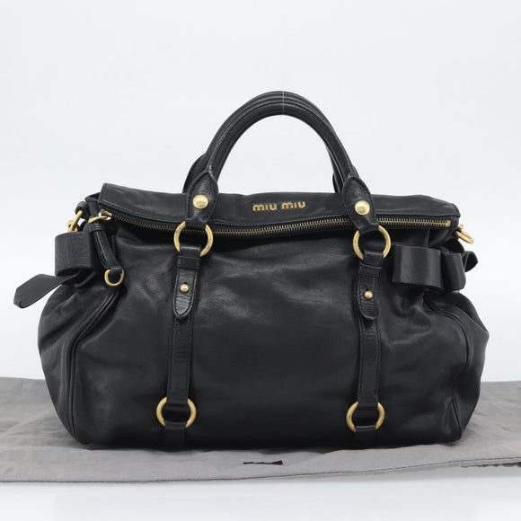 Miu Miu Ribbon Hand Bag Leather 2way Black Gold Auth 193057M