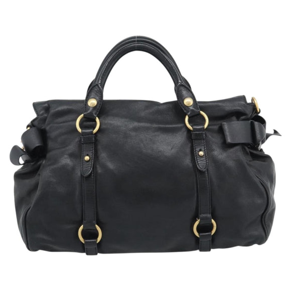 Miu Miu Ribbon Hand Bag Leather 2way Black Gold Auth 193057M
