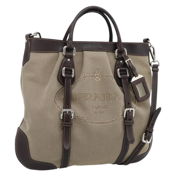 PRADA Hand Bag Canvas Leather 2way Beige Silver Auth 193073V