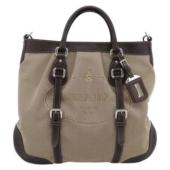 PRADA Hand Bag Canvas Leather 2way Beige Silver Auth 193073V