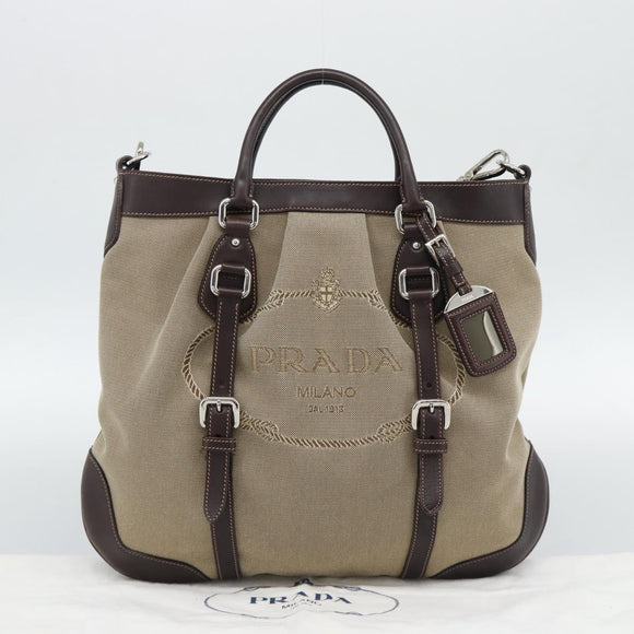 PRADA Hand Bag Canvas Leather 2way Beige Silver Auth 193073V