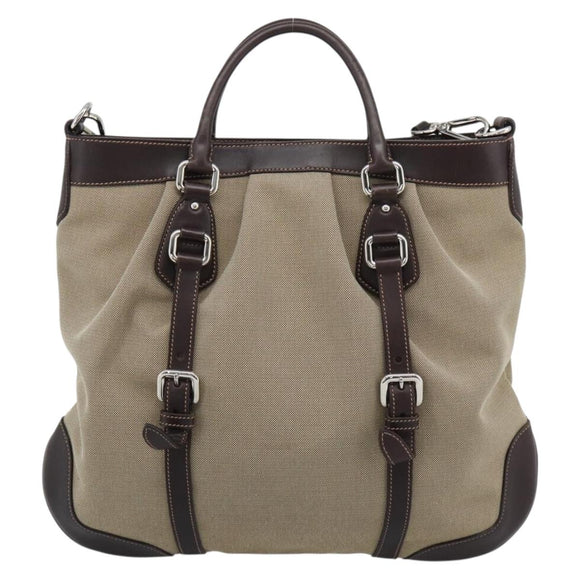 PRADA Hand Bag Canvas Leather 2way Beige Silver Auth 193073V