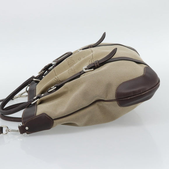 PRADA Hand Bag Canvas Leather 2way Beige Silver Auth 193073V