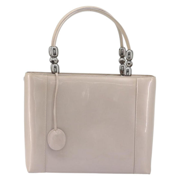 Christian Dior Maris Pearl Hand Bag Patent leather Beige Silver Auth 193082A