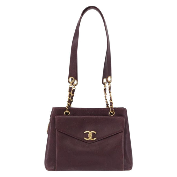 CHANEL Chain Tote Bag Caviar Skin Bordeaux Gold CC Auth 193083A