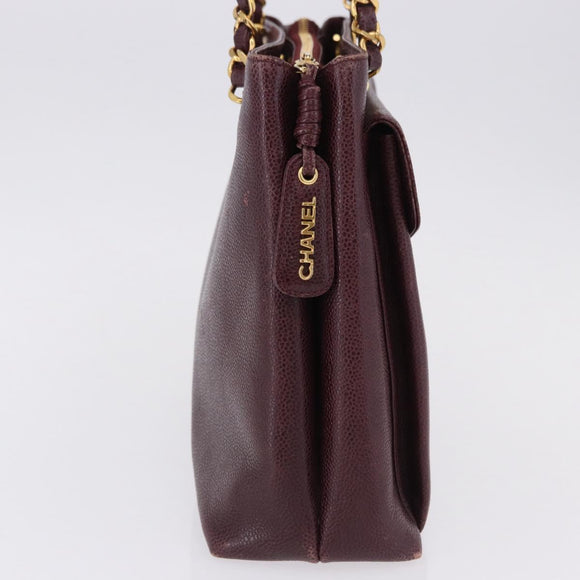 CHANEL Chain Tote Bag Caviar Skin Bordeaux Gold CC Auth 193083A