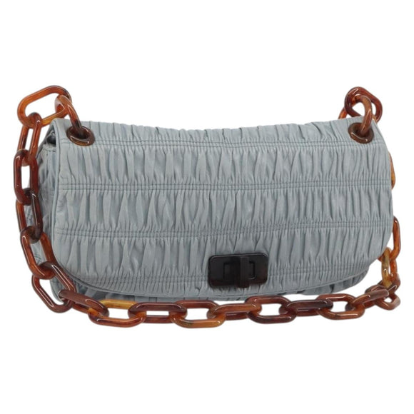 PRADA Gathered Pla Chain Shoulder Bag Leather Light Blue Auth 193094M