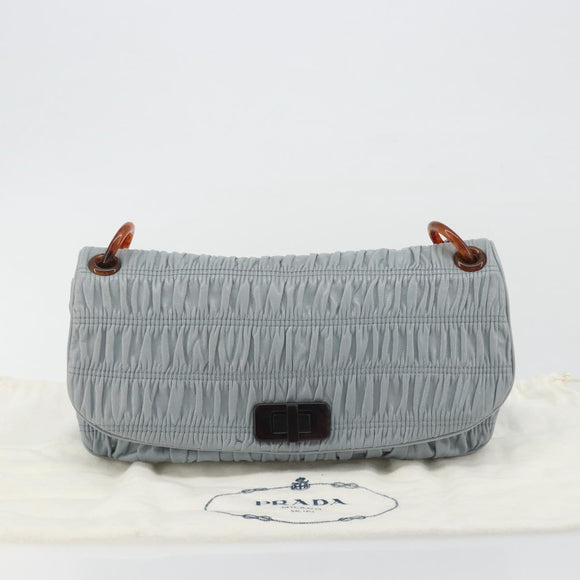 PRADA Gathered Pla Chain Shoulder Bag Leather Light Blue Auth 193094M