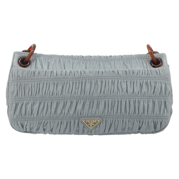 PRADA Gathered Pla Chain Shoulder Bag Leather Light Blue Auth 193094M