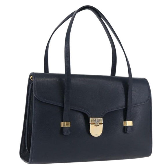 Christian Dior Hand Bag Leather Navy Gold Auth 193114