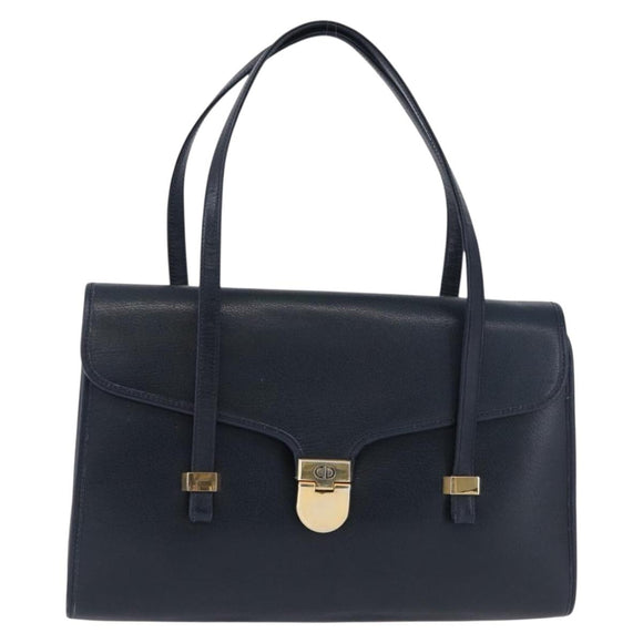 Christian Dior Hand Bag Leather Navy Gold Auth 193114