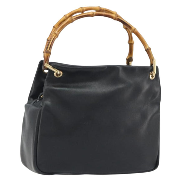 GUCCI Bamboo Hand Bag Leather Black Gold 000 2865 0575 Auth 193128