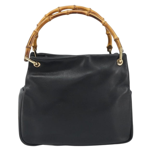 GUCCI Bamboo Hand Bag Leather Black Gold 000 2865 0575 Auth 193128